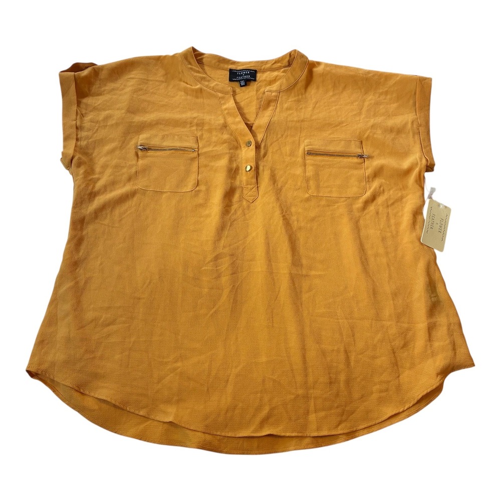 Flower & Feather 3XL Mustard Yellow Short Sleeve Zipper Pocket Blouse Top